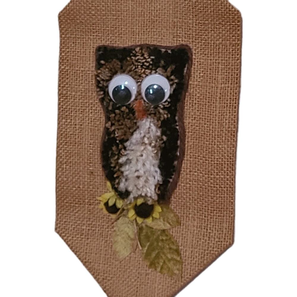 Vintage Handmade Burlap Wall Hanging Carpet Owl Google Eyes Tassel Retro Groovy
